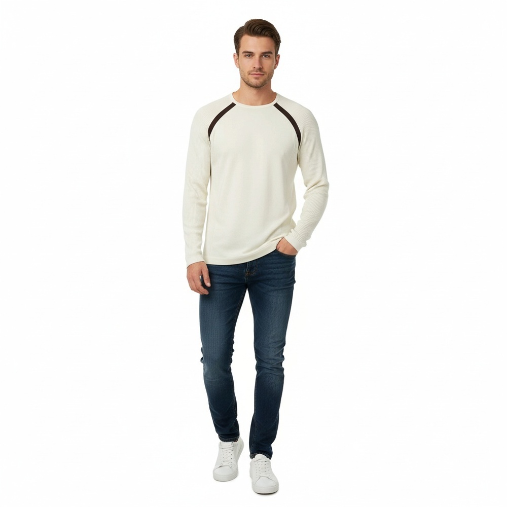 Armani Exchange Ribbed Knit Sweater Cream Off White Black Trim Men’s M